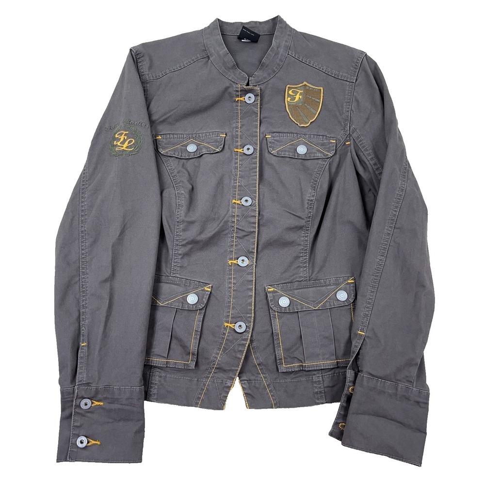 Vintage Y2K‎ Fubu Jacket Women 1X Gray Twill Button Up Military Safari Pockets